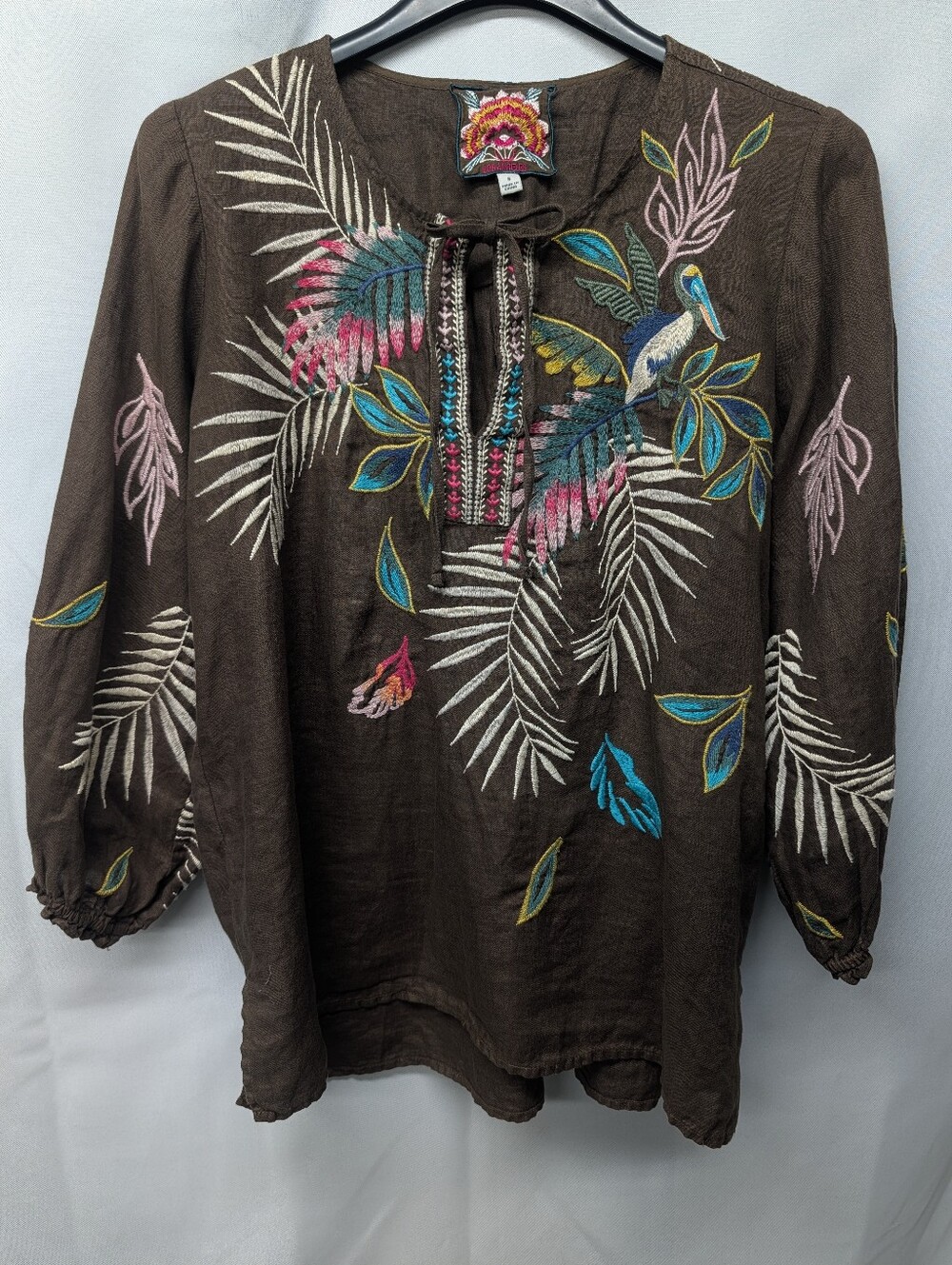 Johnny Was Brown Linen Peasant Blouse W/ Floral & Bird Embroidery, NWOT Size S